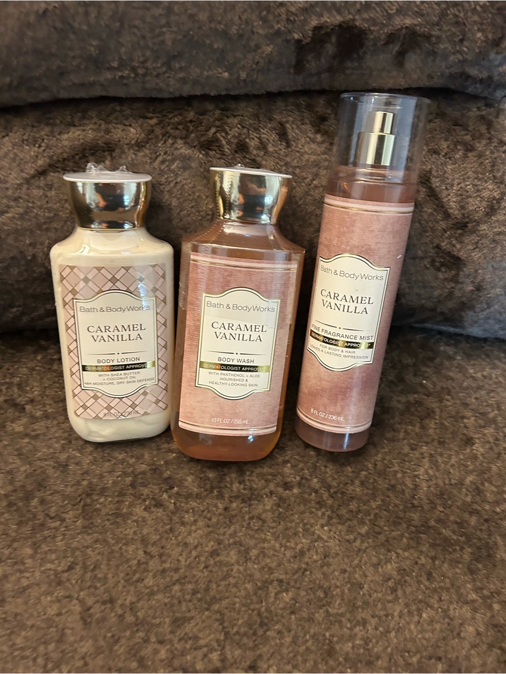 Bath & Body Works Caramel Vanilla Trio in Pink and Cream Packaging